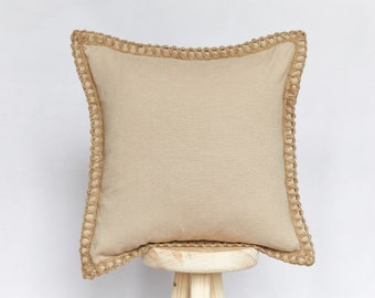 Natural Light Brown Linen blend Cushion Cover with Jute Edging | Farmhouse Country Cushion Cover | Boho Jute cushion cover
