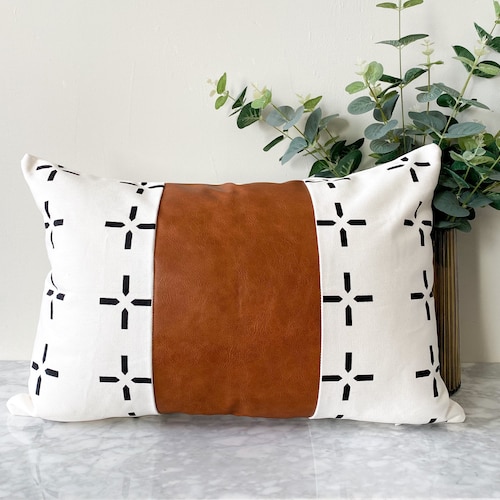 Black and White Cushion Cover With Brown Vegan Leather Boho Etsy