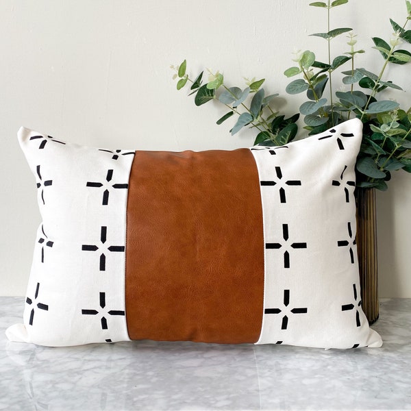 Black and White Cushion Cover with Brown Vegan Leather | Boho Cushion Cover