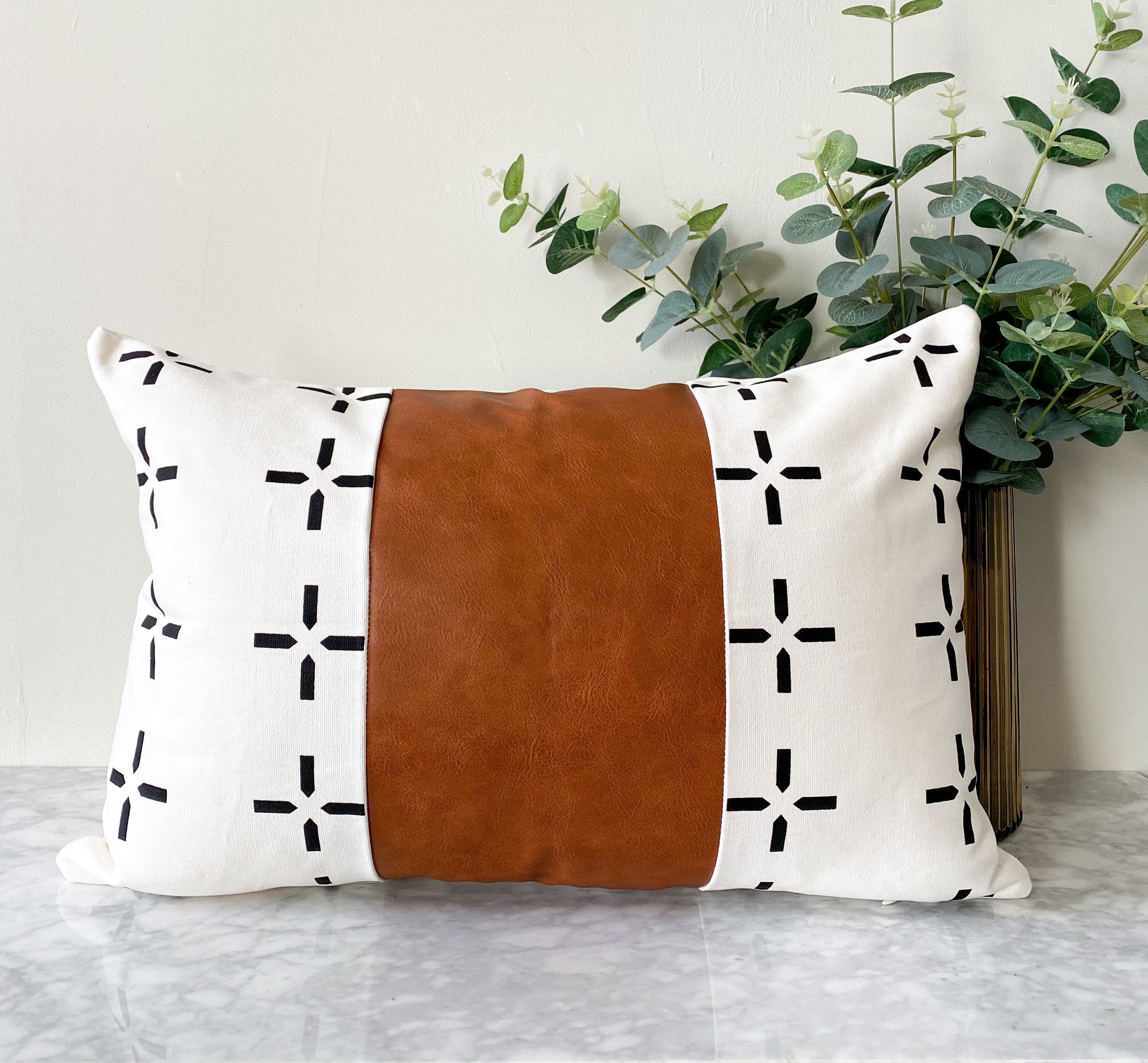 Black and White Cushion Cover with Brown Vegan Leather Boho Etsy