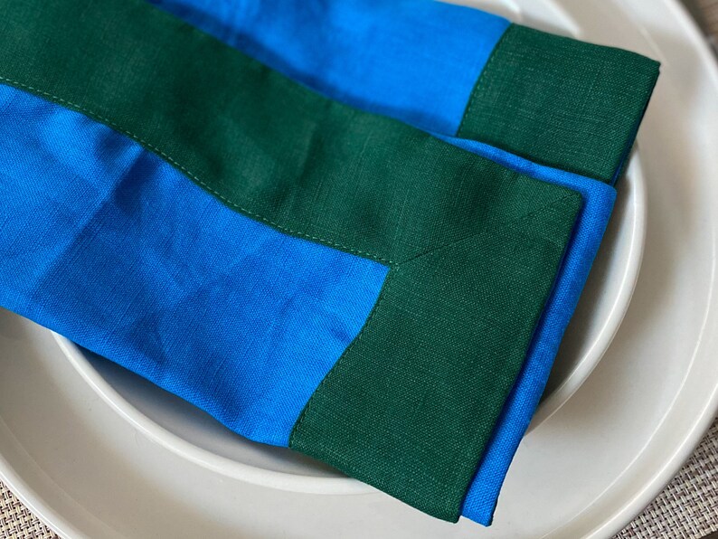 Set of 2 Blue and Green Linen Napkins Set Linen Napkin UK Wavy Edged Scalloped Napkin Set Christmas Napkins image 3