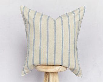 Handmade Beige and Blue Coastal Striped Cushion Cover | Stripe Farmhouse Country Pillow Cover