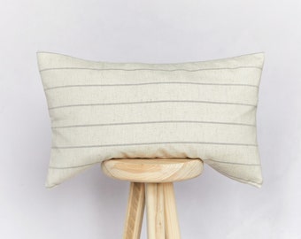 Housse de coussin rectangulaire rayée gris naturel et beige | Housse de coussin de campagne de ferme