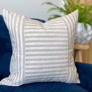 Grey and Beige Striped Cushion Cover |  Linen Blend Beige Stripe Cushion Cover | Farmhouse Decor Grey Cushion Cover