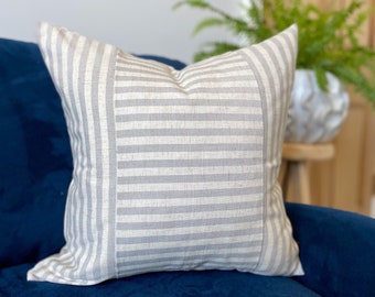 Grey and Beige Striped Cushion Cover |  Linen Blend Beige Stripe Cushion Cover | Farmhouse Decor Grey Cushion Cover
