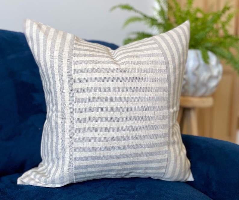 Grey and Beige Striped Cushion Cover Linen Blend Beige Stripe Cushion Cover Farmhouse Decor Grey Cushion Cover image 1