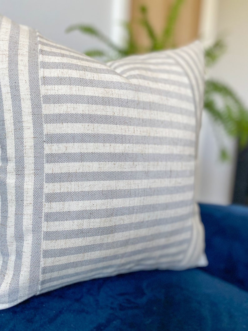 Grey and Beige Striped Cushion Cover Linen Blend Beige Stripe Cushion Cover Farmhouse Decor Grey Cushion Cover image 2