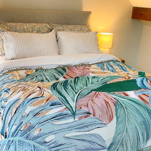 Tropical Leaf Woven Throw Blanket | Palm Picnic Blanket | Blue Green Pink and Yellow Beach Throw | Nature Travel Blanket | Garden Blanket