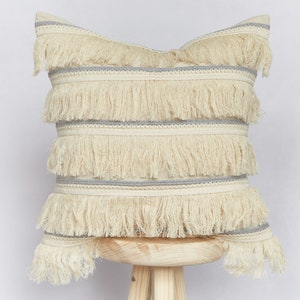 Cream/Beige and Grey Frill Frilled Fringed Cushion Cover | Boho Cushion Cover | Farmhouse Country Cushion Cover