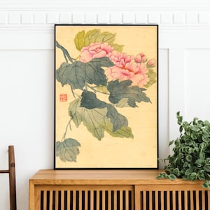 Peony Wall Art Korean Traditional Painting Print Asian Botanical Flower Poster Vintage Floral Decor Oriental Home Aesthetic Feng Shui Decor
