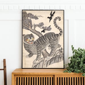 Elster und Tiger Volkskunst koreanische druckbare Wandkunst asiatisches Dekor digitaler Download koreanische traditionelle Malerei viel Glück Geschenk Feng-Shui-Symbol