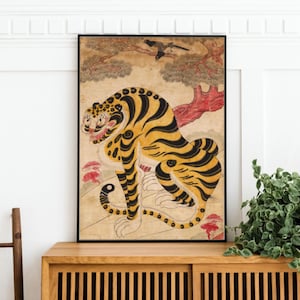 Traditionelle koreanische Elster und Tiger Volkskunst druckbare Wand Dekor asiatische Digital Download Good Luck Symbol Home Geschenk