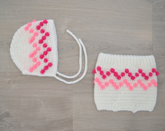 Alpine BUNDLE: Crochet pattern bonnet and shorts, Alpine bonnet and Alpine shorts, crochet baby bonnet, crochet baby shorts