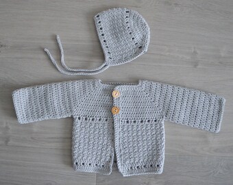 NOA BUNDLE, Crochet pattern Noa baby cardigan and bonnet (sizes up to 12 months), crochet pattern baby outfit neutral