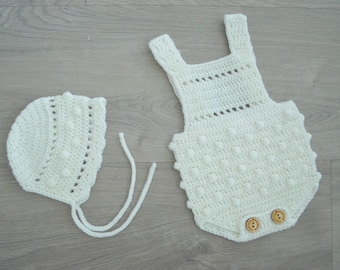 EZRA II BUNDLE, Baby romper and bonnet, Crochet outfit baby, Crochet bonnet, Crochet romper, Gender neutral outfit, outfit boy