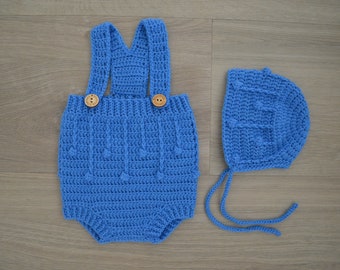 Drip Cake BUNDLE- Romper with matching bonnet - Crochet overall and bonnet