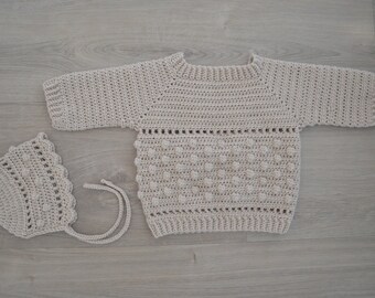 EZRA BUNDLE, Crochet pattern sweater and bonnet, Crochet pattern baby outfit, Crochet bonnet, Crochet baby sweater