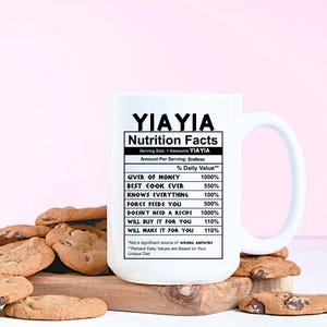 May include: A white ceramic mug featuring black text that reads YIA YIA Nutrition Facts, listing attributes like Giver of Money 1000%, Best Cook Ever 550%, Knows Everything 100%, Force Feeds You 500%, Doesn't Need a Recipe 1000%, Will Buy It For You 110%.