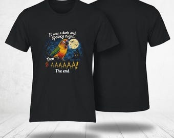Sun Conure Halloween T-Shirt, Dark Spooky Night AAAAAA Funny Screaming Parrot