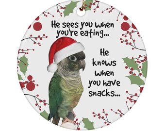 Green Cheek Conure Christmas Ornament: Ceramic Parrot Keepsake