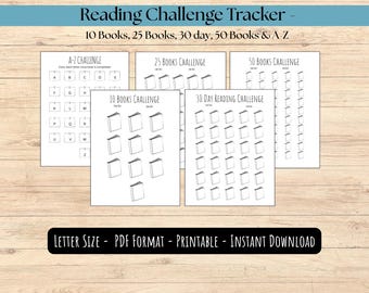 Seguimiento del reto de lectura imprimible, A-Z, 10-50, 30 días, tamaño carta (Descarga PDF)