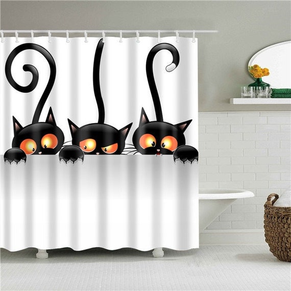 Cute Cats Shower Curtain Black Cat Curtain Bathroom Curtain Etsy