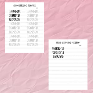 Pu&ograve; includere: Due fogli di carta bianca con pagine a righe per esercitarsi con il lettering. Le parole "THANKFUL", "GRATEFUL" e "BLESSED" sono scritte in grassetto, in nero. Le parole sono ripetute in grigio chiaro.