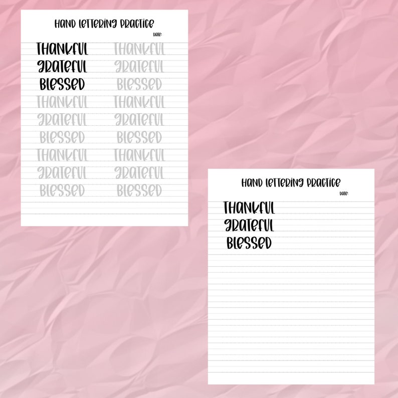 Pu&ograve; includere: Due fogli di carta bianca con pagine a righe per esercitarsi con il lettering. Le parole "THANKFUL", "GRATEFUL" e "BLESSED" sono scritte in grassetto, in nero. Le parole sono ripetute in grigio chiaro.