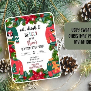 Ugly Sweater Christmas Party Invitation - Digital Holiday Party Invitation - Canva Template Three Designs Three Sizes - Ugly Sweater Party