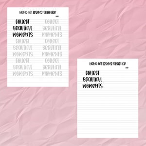 Pu&ograve; includere: Due fogli di carta bianca a righe con esercizi di hand lettering. Il testo "Hand Lettering Practice" &egrave; in alto. Le parole "Collect Beautiful Moments" sono scritte in grassetto, in nero. Lo sfondo &egrave; una superficie rosa strutturata.