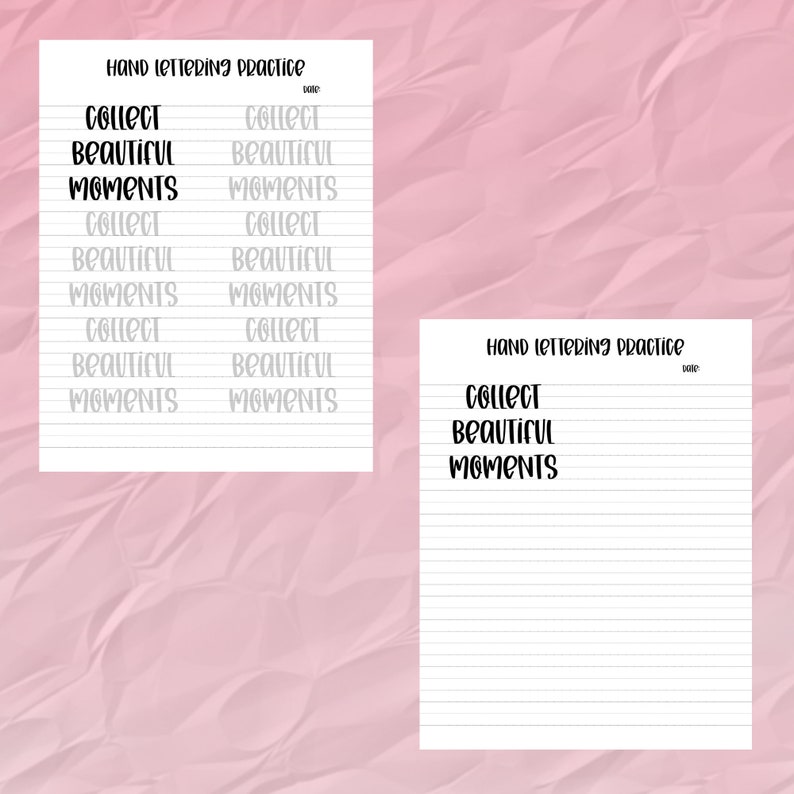 Pu&ograve; includere: Due fogli di carta bianca a righe con esercizi di hand lettering. Il testo "Hand Lettering Practice" &egrave; in alto. Le parole "Collect Beautiful Moments" sono scritte in grassetto, in nero. Lo sfondo &egrave; una superficie rosa strutturata.