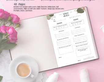 May include: A printable self-care workbook for women with a daily check-in page. The page is divided into morning and evening sections with prompts for reflection and gratitude. The workbook includes 48 pages and is available in three sizes: 6x9, A4, and 8.5x11 inches.