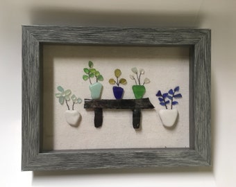Colorful sea glass flower with pressed flowers unframed or framed 8 by 8
