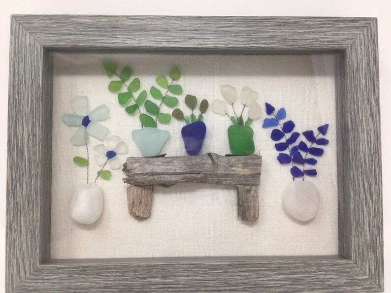 Framed Sea Glass Art Flowers in Pots Etsy