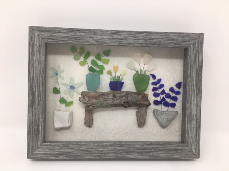 Framed Sea Glass Art Flowers in Pots Etsy