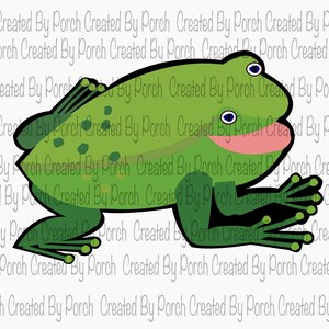 May include: A cartoon green frog with a pink mouth and blue eyes. The frog is sitting on its belly with its legs outstretched.