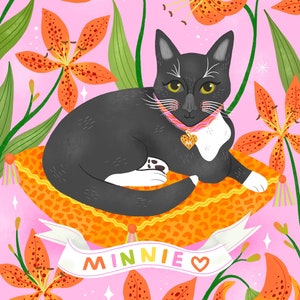 Custom cat and flower portrait, personalised pet print image 1