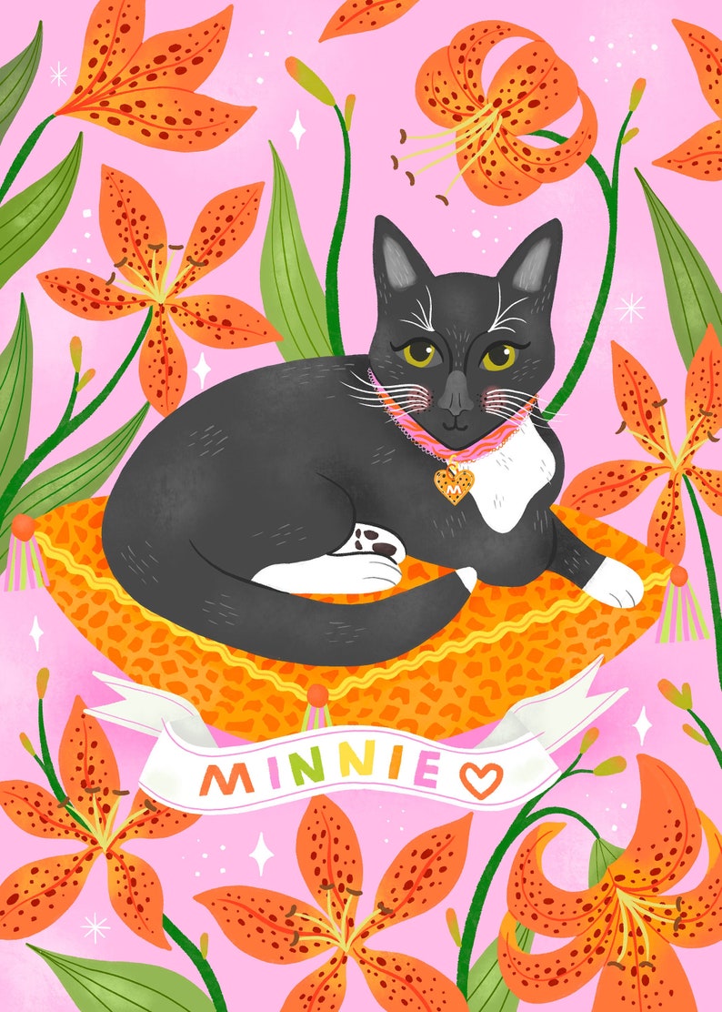 Custom cat and flower portrait, personalised pet print image 1