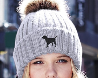 Border Terrier Owner Clothing Gifts, Faux Fur Pom Pom Super Soft Chunky Knit Embroidered Beanie From The House Of Dog.