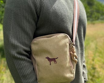 Chocolate Brown Labrador Retriever Embroidered Vintage Canvas Dog Walking Bag. A Unique Product From The House Of Dog.