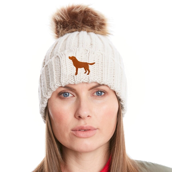 Fox Red Labrador Owner Gift Clothing Gifts, Faux Fur Pom Pom Chunky Knit Super Soft Unisex Embroidered Beanie From The House Of Dog.