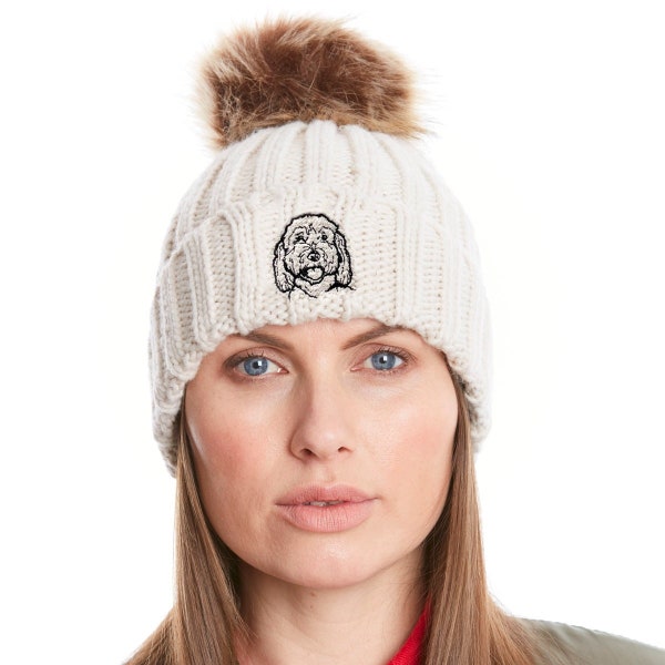 Cockapoo Owner Clothing Gifts, Faux Fur Pom Pom Chunky Knit Super Soft Unisex Embroidered Beanie From The House Of Dog