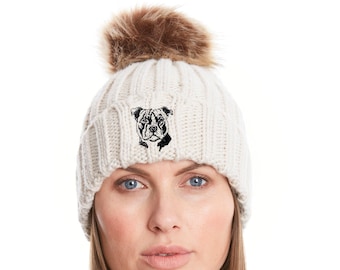 Staffordshire Bull Terrier Staffy Owner Clothing Gifts, Faux Fur Pom Pom Chunky Knit Unisex Embroidered Beanie From The House Of Dog.