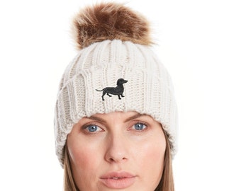 Dachshund Black Daxie Owner Clothing Gifts, Faux Fur Pom Pom Chunky Knit Super Soft Unisex Embroidered Beanie From The House Of Dog.