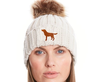 Fox Red Labrador Owner Gift Clothing Gifts, Faux Fur Pom Pom Chunky Knit Super Soft Unisex Embroidered Beanie From The House Of Dog.