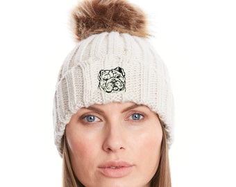 English Bulldog Owner Clothing Gifts, Faux Fur Pom Pom Super Soft Chunky Knit Embroidered Beanie From The House Of Dog.