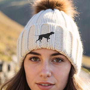 English Pointer Owner Clothing Gifts, Faux Fur Pom Pom Chunky Knit Super Soft Unisex Embroidered Beanie Hat, From The House Of Dog.