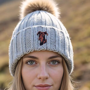 Dobermann Owner Clothing Gifts, Super Soft Faux Fur Pom Pom Chunky Knit Unisex Embroidered Beanie From The House Of Dog