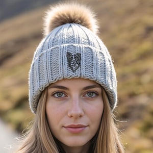 Border Collie Sheepdog Owner Clothing Gifts, Faux Fur Pom Pom Chunky Knit Super Soft Embroidered Beanie From The House Of Dog.
