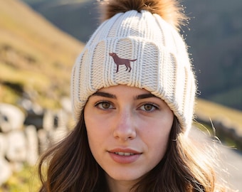 Chocolate Labrador Brown Lab Owner Gift, Clothing Gifts, Faux Fur Pom Pom Chunky Knit Super Soft Embroidered Beanie From The House Of Dog.